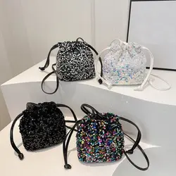 Moda wszechstronna cekinowa torba na ramię Crossbody modna prosta damska mała torebka sznurkiem torba wiadro portfel imprezowy torebka