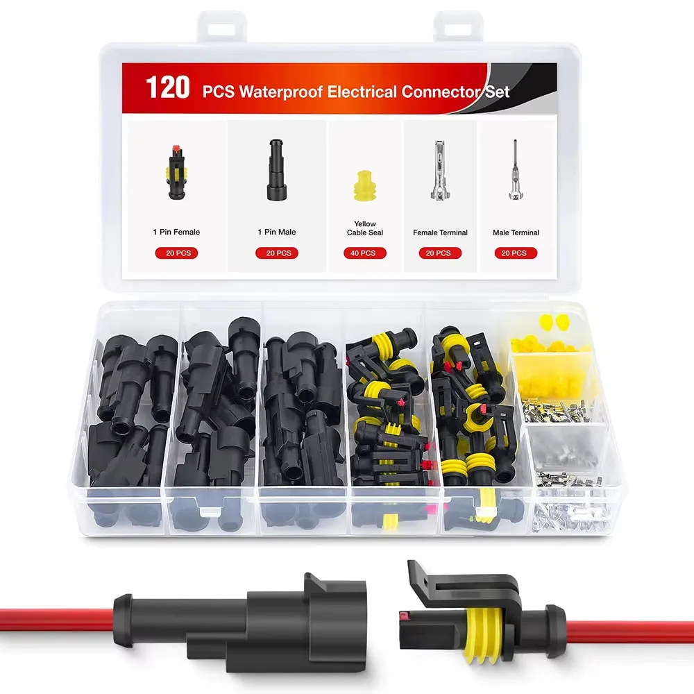 120 Stück 1-Pin-Elektrosteckverbinder, männliche und weibliche Anschlussklemmen, wasserdichtes Verbindungsset, geeignet für Automobile – Detail 1
