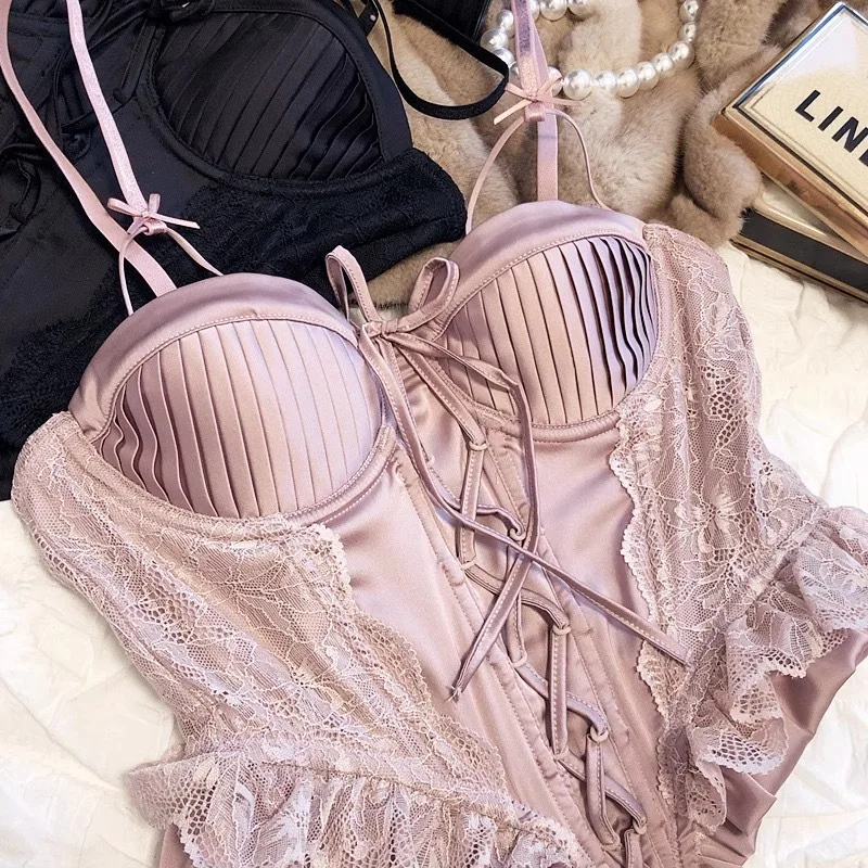

French Lace Bra Women - Push Up Halter Bralette with Fishbone Trim Slimming Vest Small Breasts Sexy Lingerie & Sensual Underwear