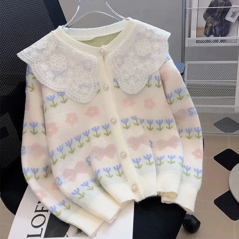 

Sweet Kawaii Knit Cardigan Women Peter Pan Collar Lace Patchwork Button Sweater Fall Winter Loose Casual Cute Long Sleeve Tops