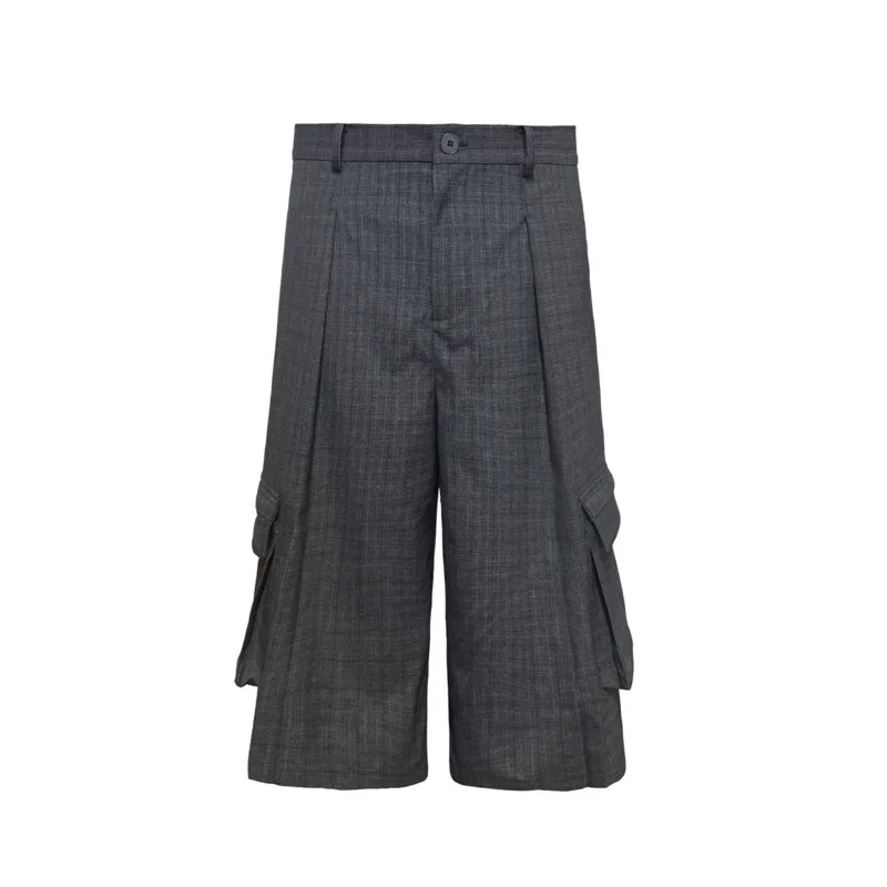 HKSH Spring Summer New Men's Tide Chic Plaid Pleated Cargo Cropped Pants Capris Double Patchwork Pockets Straight Shorts HK24360