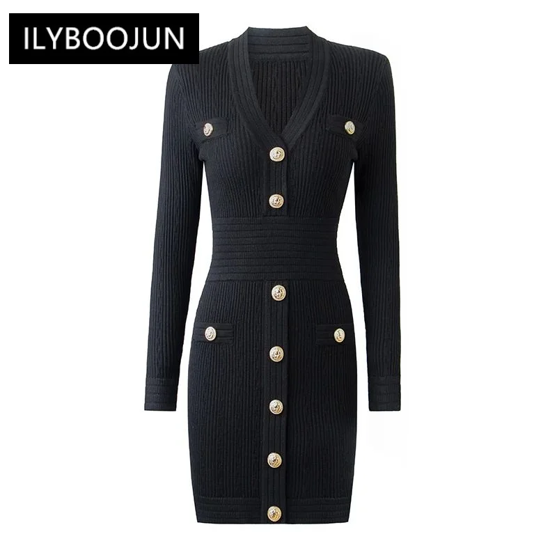 BY New Autumn Designing Luxurious Long Sleeve V-neck 4 Colors Sheath Casual Knitted Mini Dress For Women 2023 Luxury Brand High