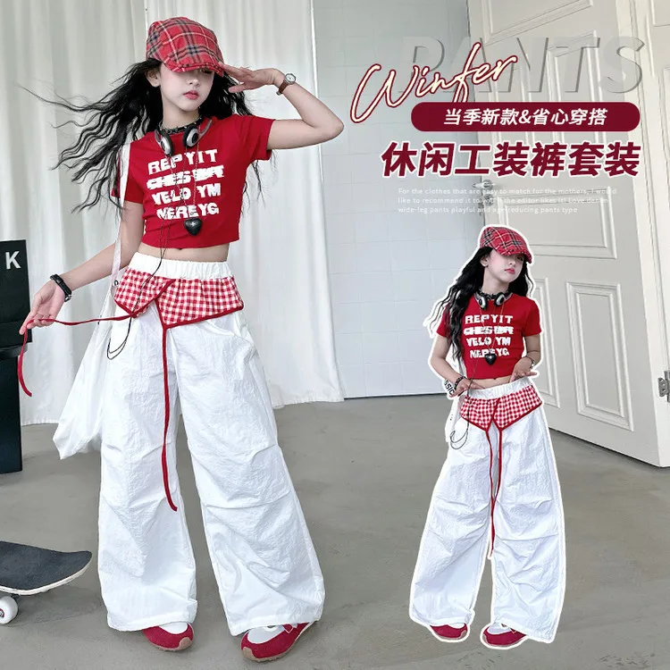 2026 American retro summer teens tracksuit Girls cloth 1pc t-shirt crop top or long wide leg pant Kid 4 6 7 8 9 10 12 14 year