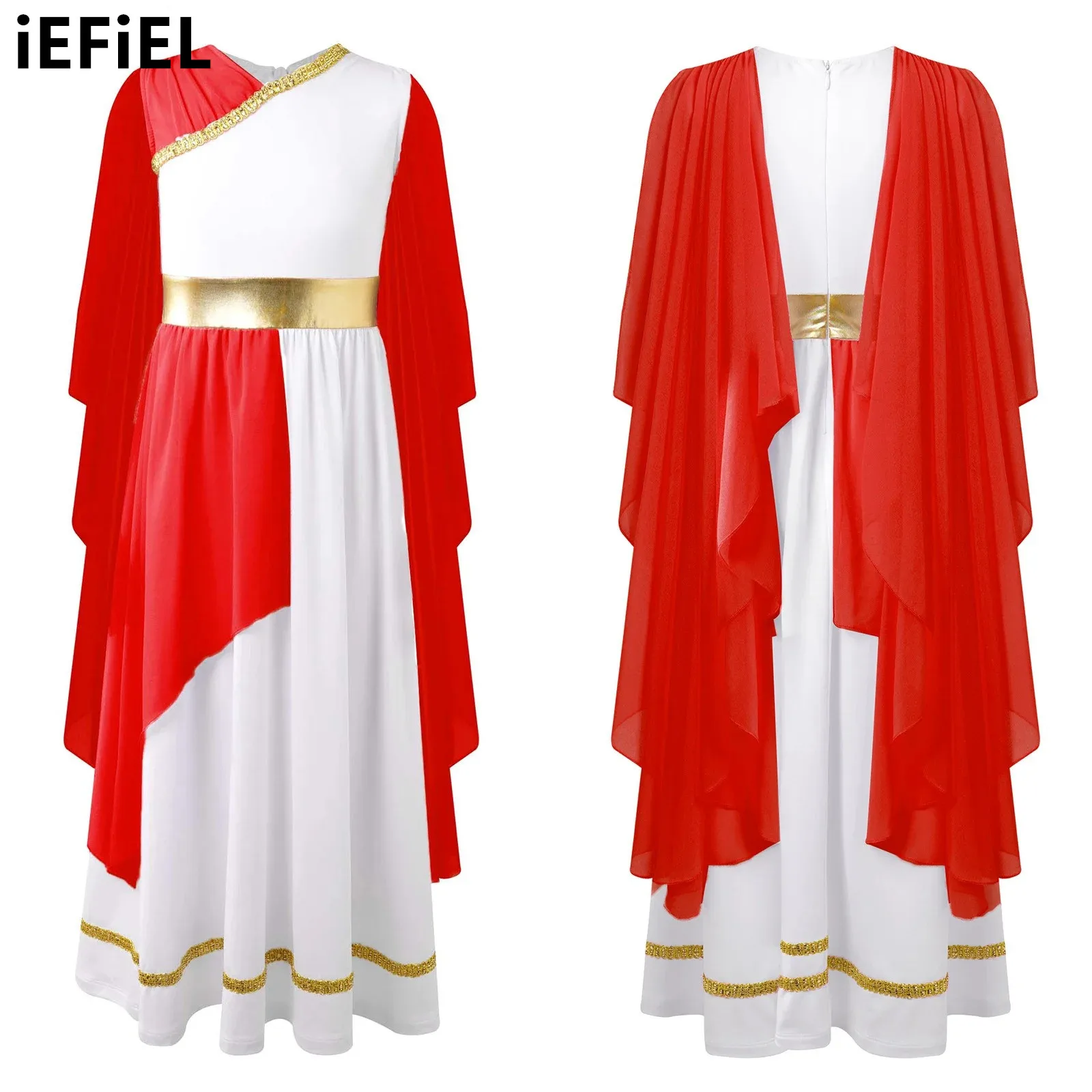 

Kids Girls Ancient Greek Cosplay Dress Shawls Patchwork Flowy Dress Costume Halloween Grecian Sleeveless Gown Dress