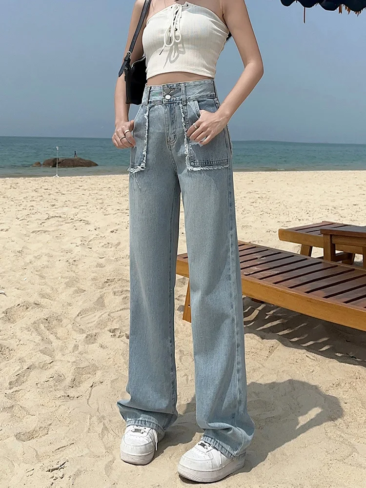 Wide Leg Jeans Women Frayed Loose All-match Korean Style Simple Washed Denim High Waist Office Lady Fashion Leisure Elegant 2023