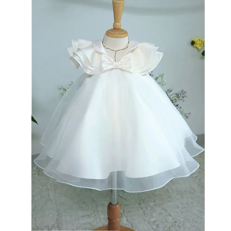 Baby Girls White Princess Ball Children Cute Bow Design Birthday Party Fluffy Gauze Dresses y1170