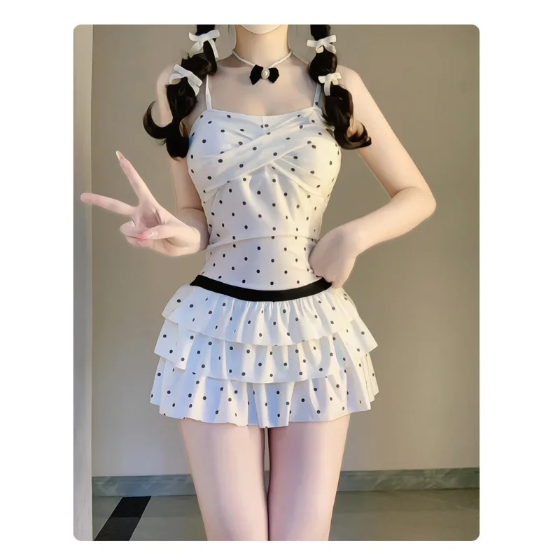 Women's White Polka Dot Skirted One-Piece Swimsuit Spaghetti Strap Tiered Ruffle Tummy Control Bathing Suit for Beach Vacation