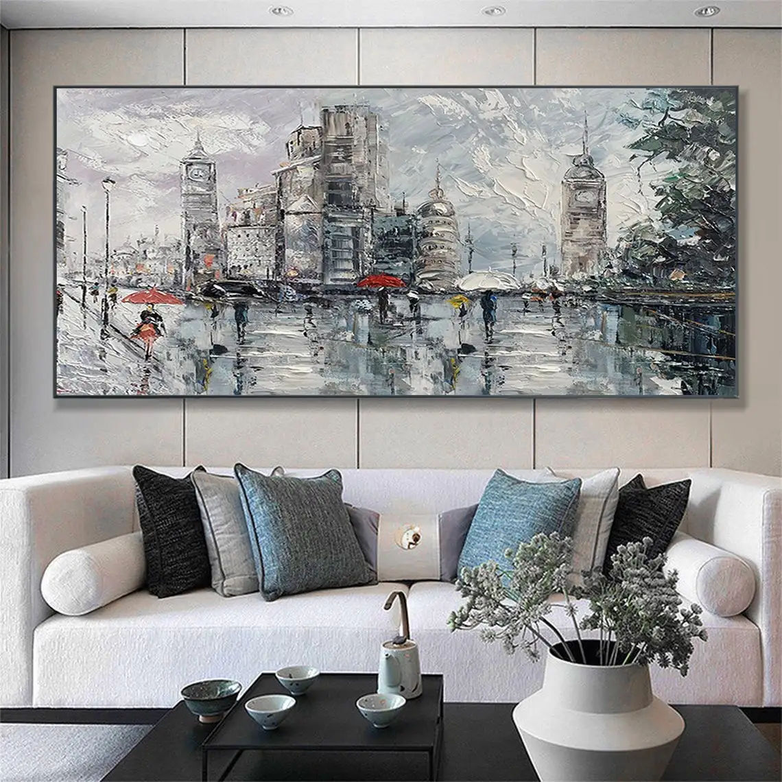 

Large Abstract Paris In The Rain Oil Painting on Canvas Custom Rain Scence Paintings Bedroom Wall Decor Modern Textured Wall Art