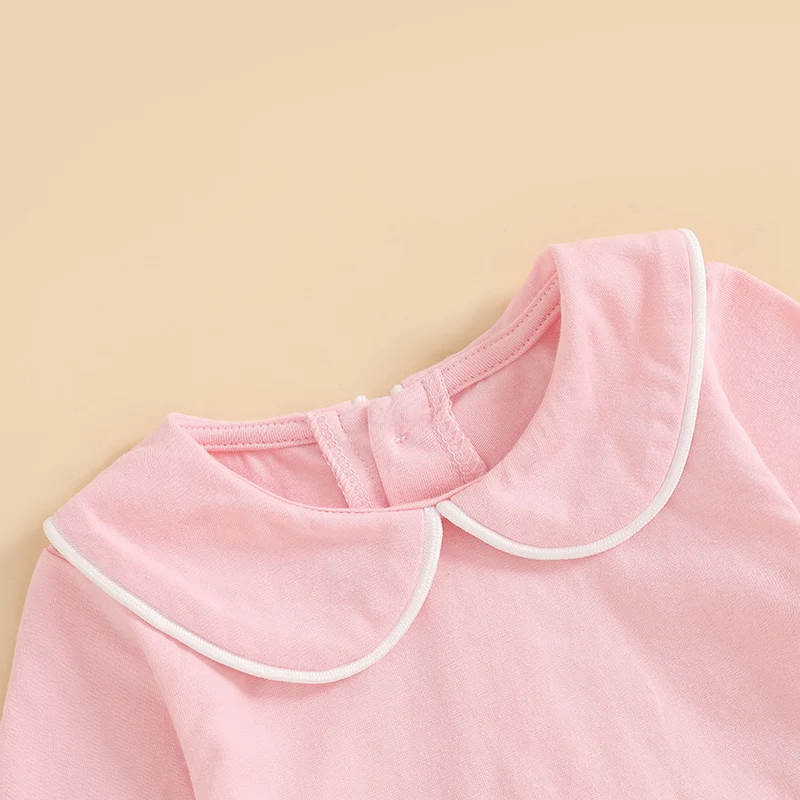 بدلة رومبير للأطفال الأولاد والبنات بأكمام طويلة وياقة على شكل دمية وخط متباين بلون سادة لحديثي الولادة #5