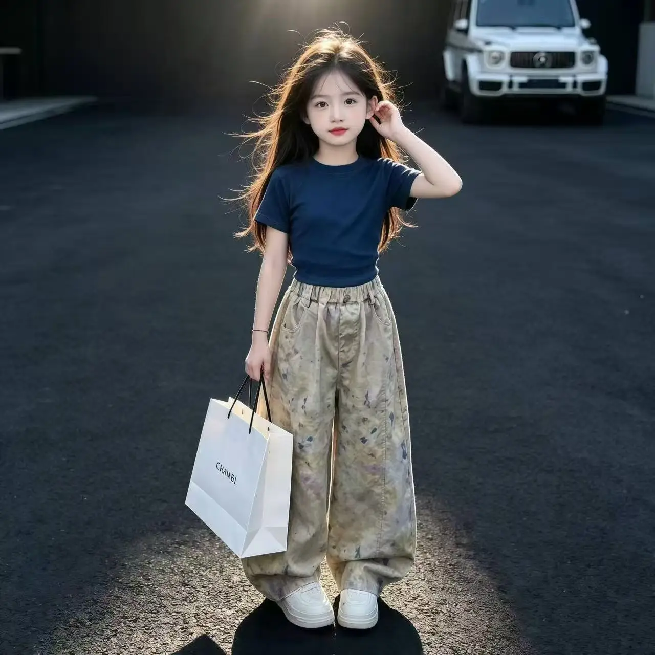 Summer Girls 2 Pcs Outfit Unique Design Loose Thin Short Sleeve Top Colorful Curved Wide Leg Pants Trendy Two Piece Set