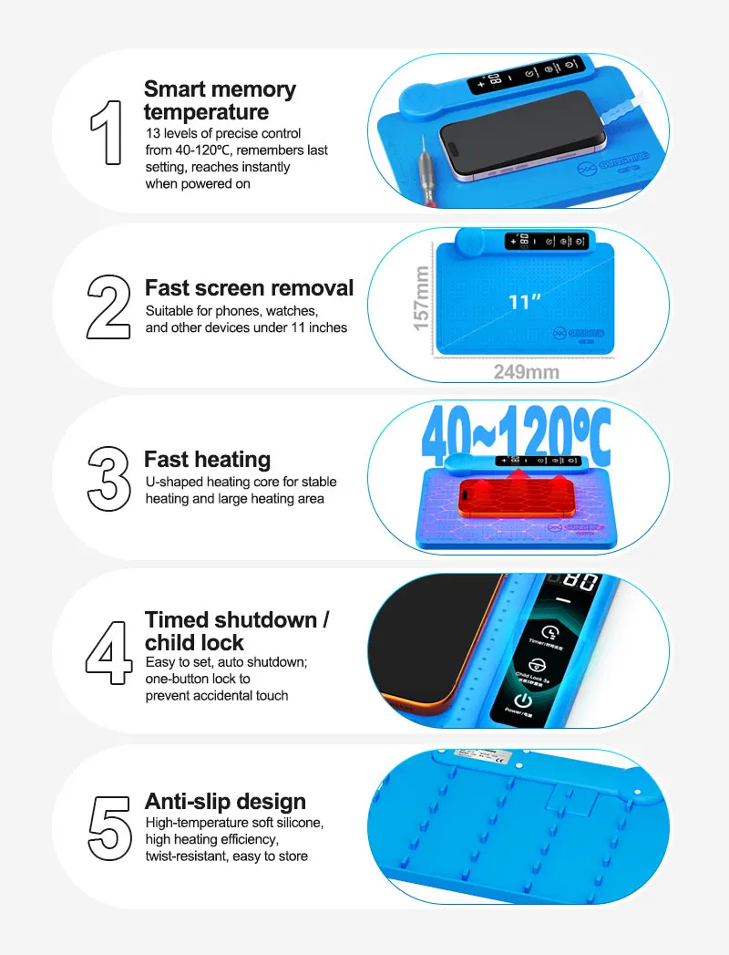 เครื่องแยกหน้าจอ LCD SUNSHINE LS3 SE ขนาด 11 นิ้ว 40-120 ℃   แผ่นทำความร้อนพร้อมระบบปิดอัตโนมัติสำหรับเครื่องแยกหน้าจอ LCD โทรศัพท์มือถือ