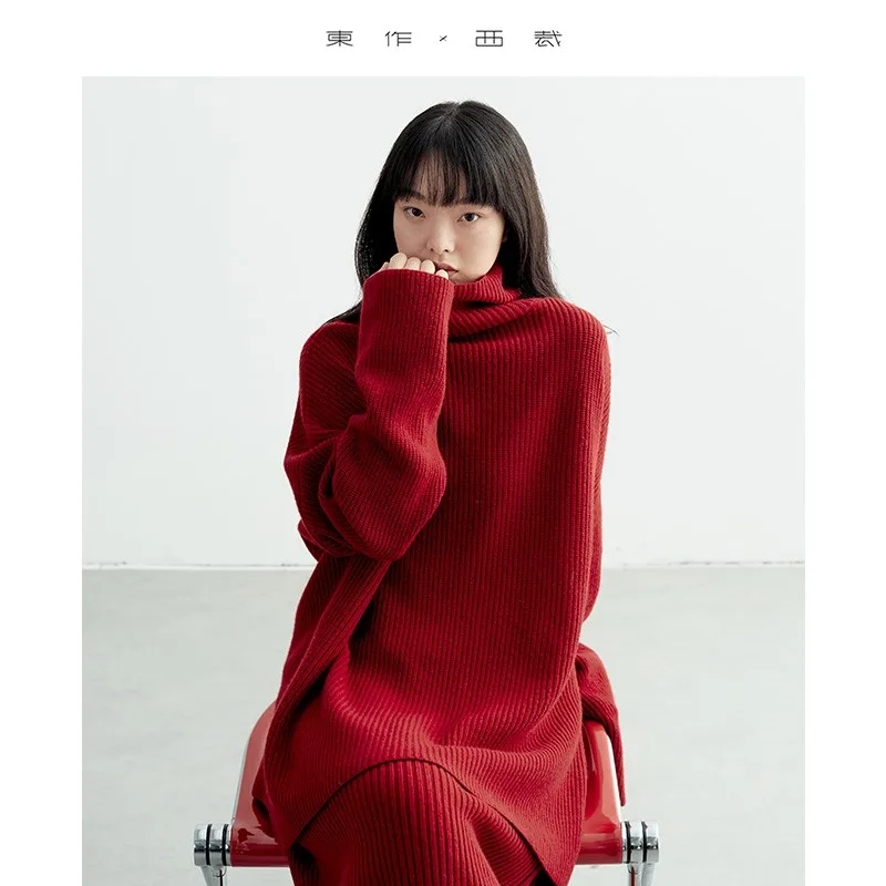 

Китайский красный элегантный костюм ~ толстый свитер с воротником из 100% шерсти + утягивающая юбка, новый осенне-зимний костюм