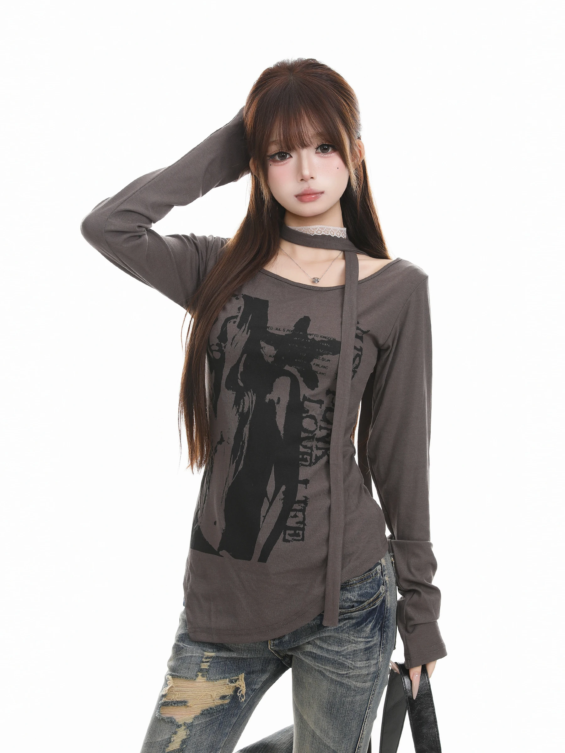 Slim Fit Long Sleeve T-Shirt Women's Autumn Fashionable Printed Base Layer Top Punk Chic Portrait Design Breathable Polyester