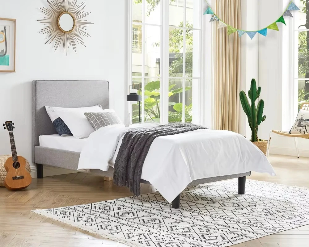 yh-Fabric Headboard Wood Frame Upholstered Children Furniture Bed Home Hotel for Kids！