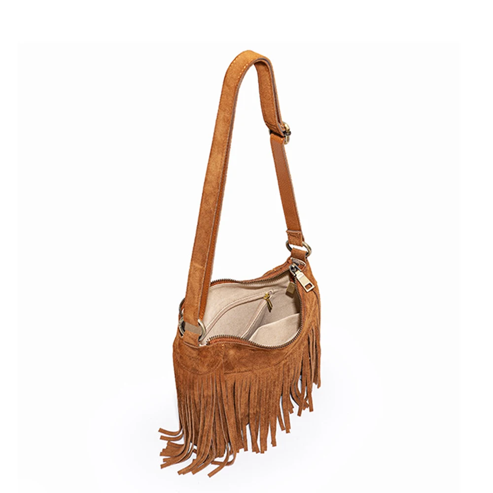 Tassel Bag Niche Frosted Cowhide Casual Crossbody Bag Retro Leather Trend Style Fringe Single Shoulder Bag