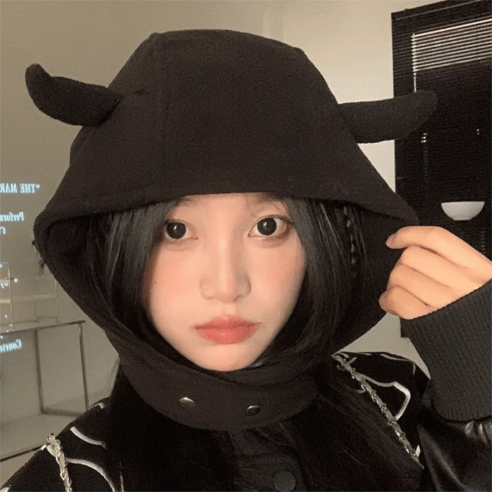 

Casual Ear Protection Demon Ear Hat Plush Adjustable Lei Feng Cap Harajuku Ear Muff Cap Winter Pullover Cap Female/Male