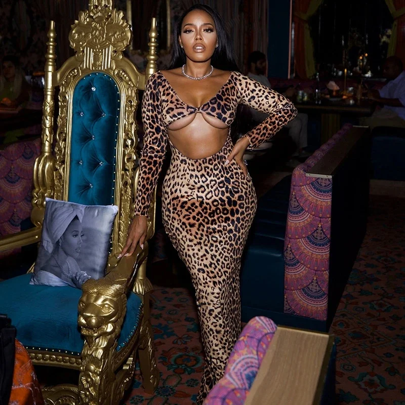 ヒョウ柄カットアウト長袖ボディコンマキシドレスセクシーなスリム露出ウエスト秋のイブニングパーティーデートナイト女性用ハロウィン