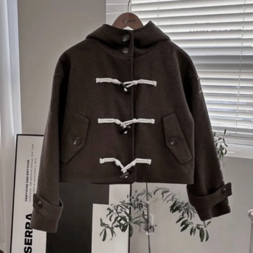 Dames Wollen Jaet Loose Fit Sweet Cool Sle Button Detail Capuchon ort Top East Gate Ins Retro Simple Faion