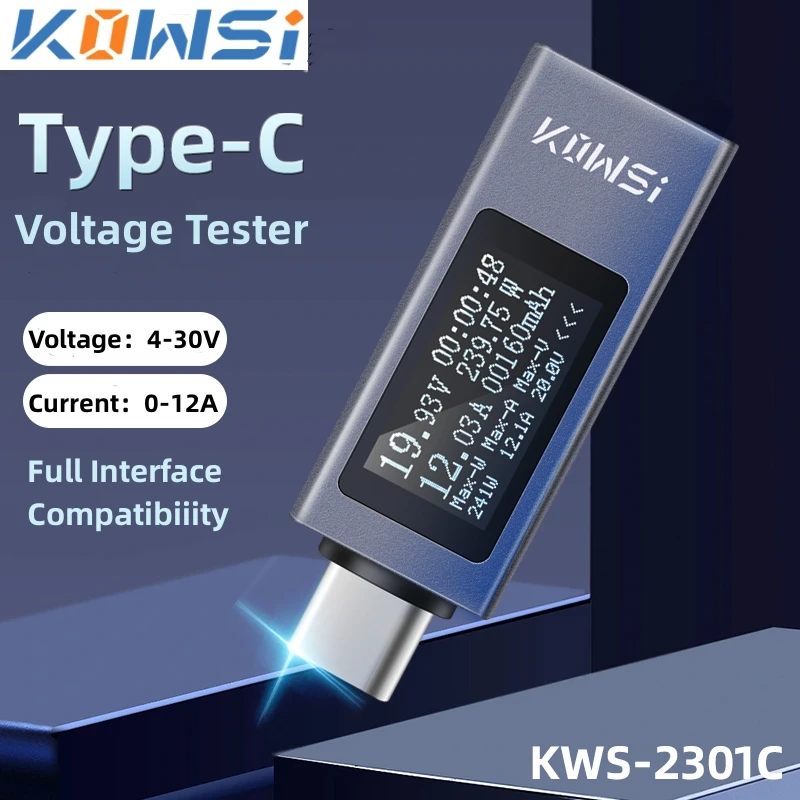 KWS-2301C type-c multifunkční digitální displej stejnosměrný elektrické napětí ampérmetr energie měřič buňka telefon nabíjení tester stejnosměrný 4-30V 0-12A