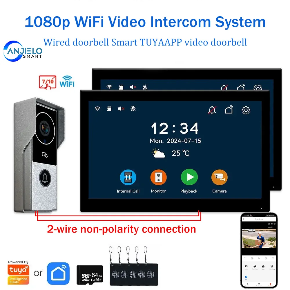 

ANJIELO 10inch 2-Wire Visiophone Doorbell with Tuya Smart IP Camera Support 1080P Video Home Security Metal DoorPhone