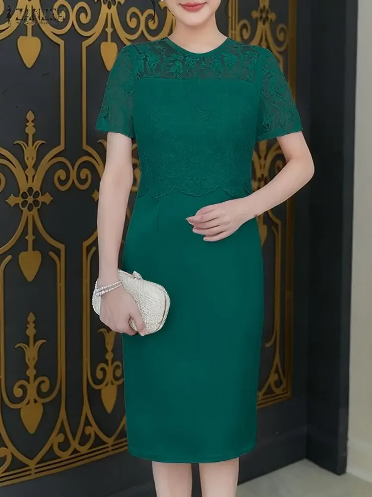 2025 Abito da festa elegante ZANZEA Donna Elegante patchwork di pizzo Abiti estivi Manica corta Slim Fit Vestito estivo Abito longuette in raso solido