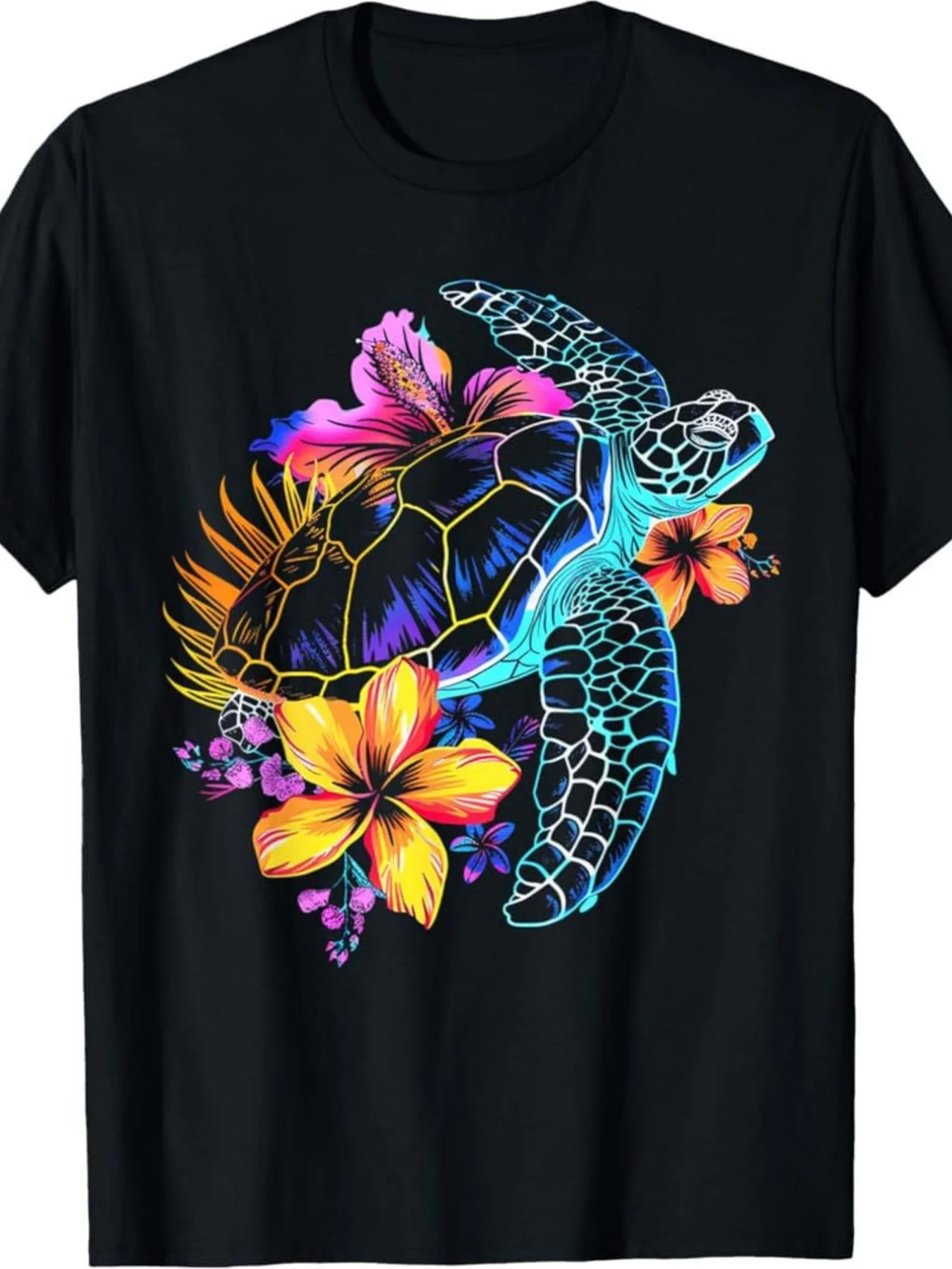 Men's Vintage Hawaiian Tropical Sea Turtle & Hibiscus Flower TShirt Soft Breathable Round Neck with Vibrant Turtle & Hibiscus Print Relaxed Fit Casual Beachwear for Everyday