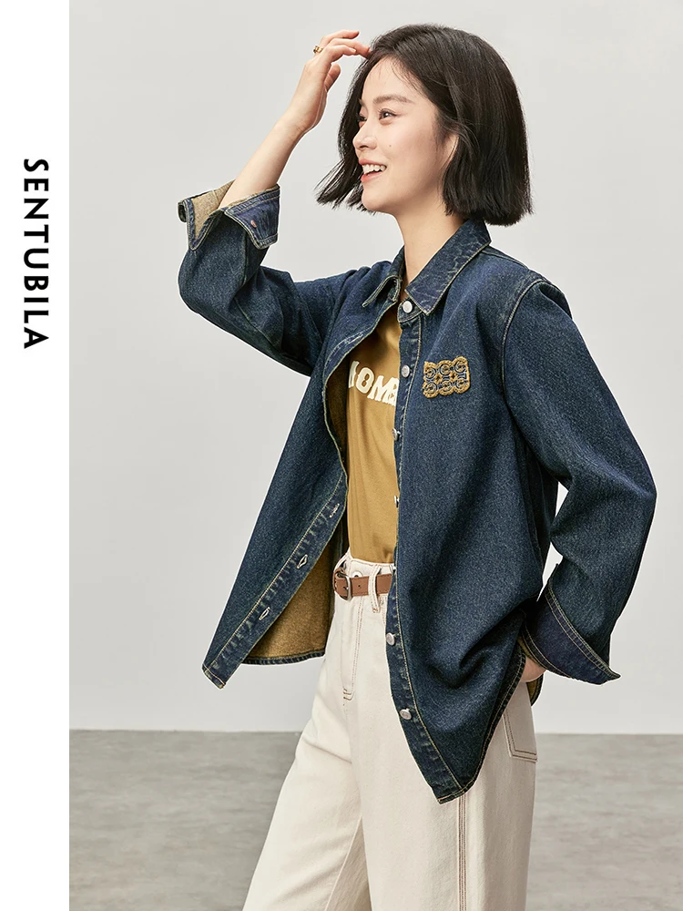 SENTUBILA Women 100% Cotton Denim Shirt  2024 Autumn Fashion Drop Sleeve Letter Embroidery Carving Metal Button Tops W43C56326