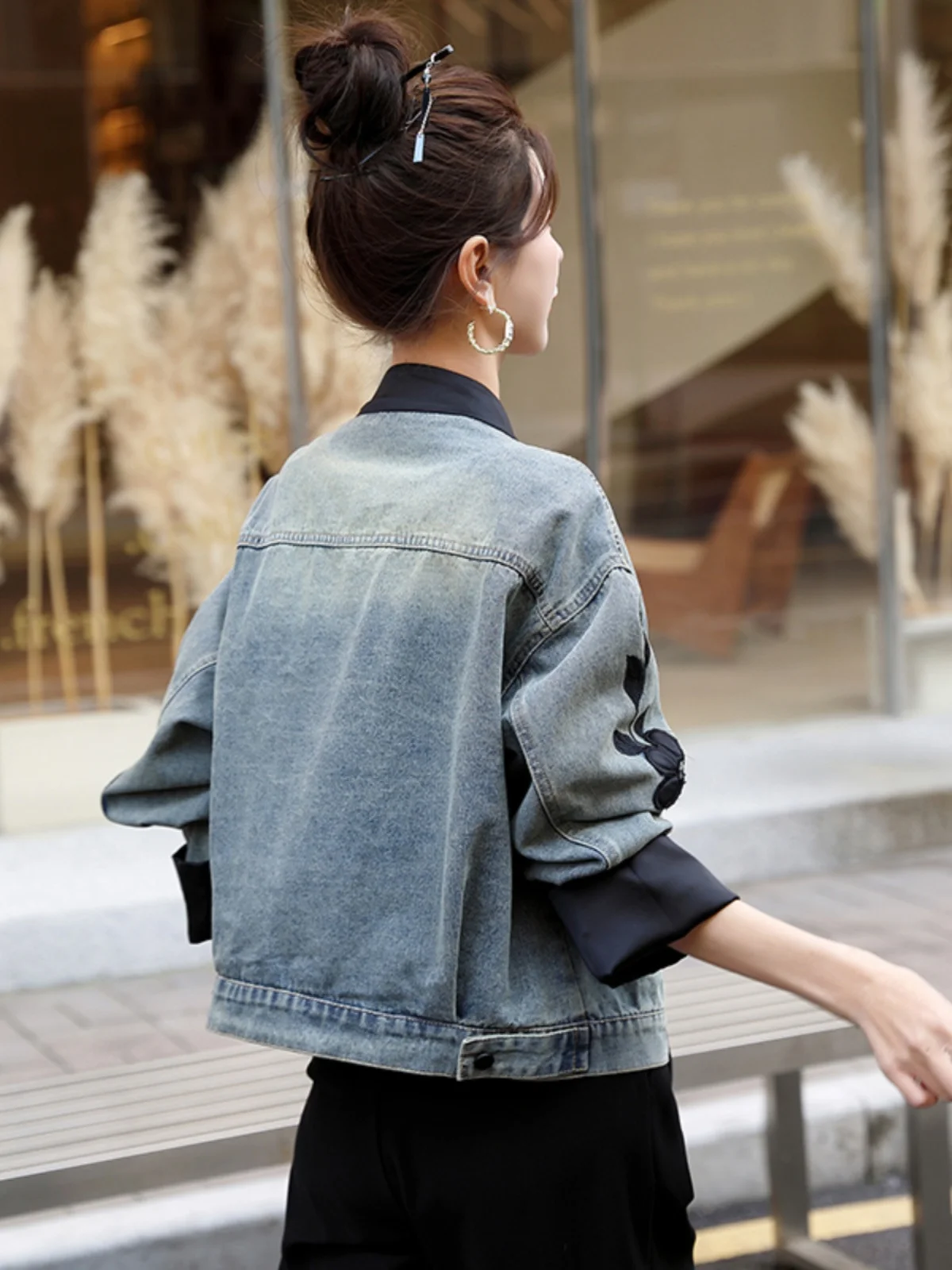 Brodé boutonné ort ample femmes Denim Jaet chinois Sle haut cousu conception florale décontracté trajet Faion