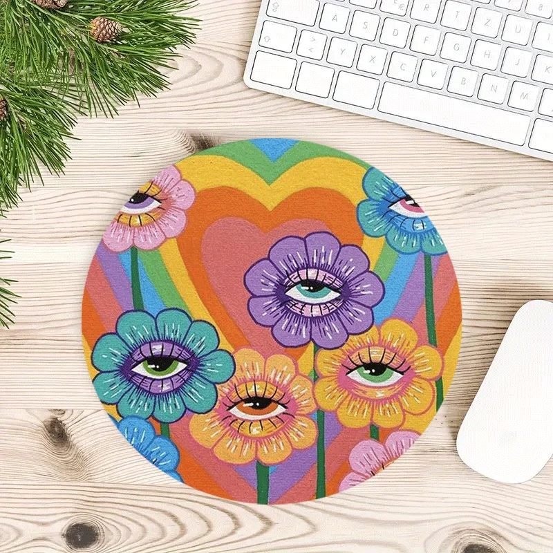 

Colorful floral eye pattern round mouse pad, natural rubber anti-slip base, small size, suitable for office and home use