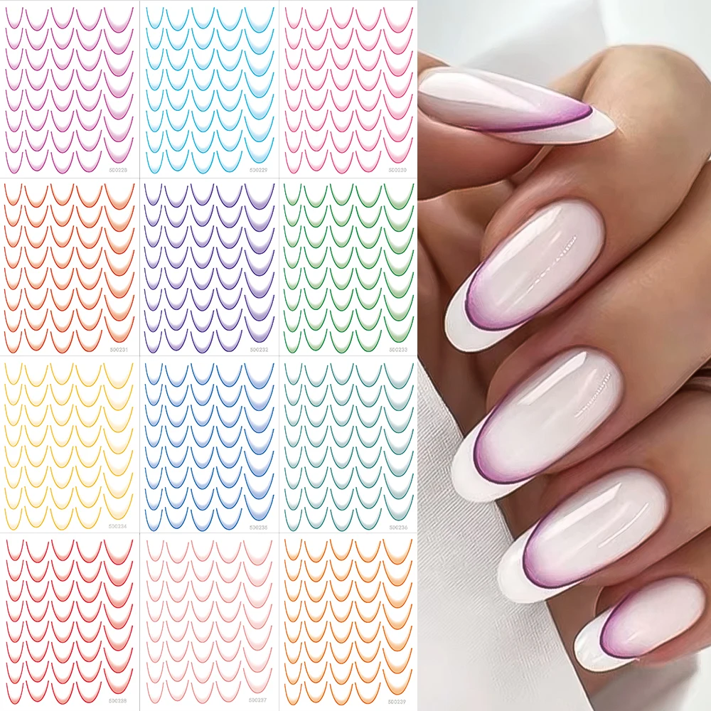 14 Colors French Tip Nail Stickers Gradient Bend Lines Design Self-adhesive Nail Decals Stripe Blue Line Slider Nail Accessories