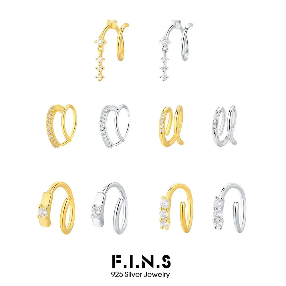 F.I.N.S 1PC Luxury Rows Zircon 925 Sterling Silver Clip Ear Cuff No Piercing Earrings for Women Girls Simple Gold Line Ear Jewel