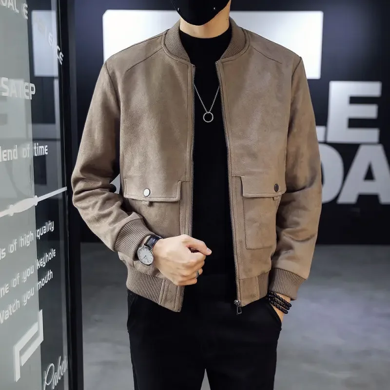 

GELITAYIN Men's Bomber Suede Leather Jackets Baseball Winter Sales Of Slim Fit Male Cargo Coats Solid Color Harajuku New Clothin