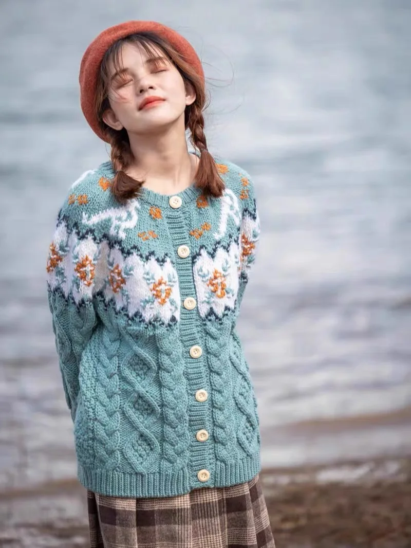 102cm Bust Autumn Winter Women Fair Isle Icelandic Handknit Vintage Handmade Thick Warm 100% Wool Sweater Coat Cardigans