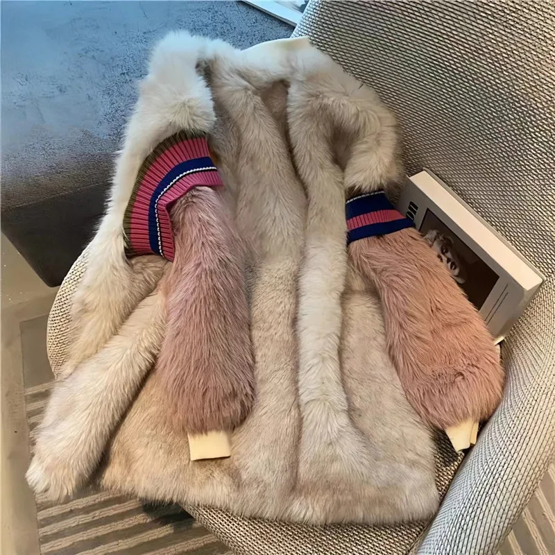 Faux Lamb Fur Coat for Women,Spliced Jacket, Long, Loose,Zipper, Thicken, Warm,Fashion Female Clothes, High Quality, New , 2023