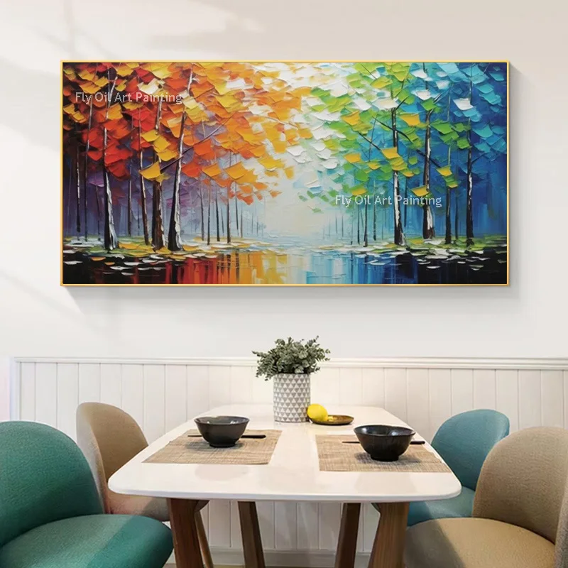 Handmade Palette Knife Canvas Art, Rainbow Birch Tree Reflection Painting, Modern Contemporary Horizontal Forest Wall Artwork