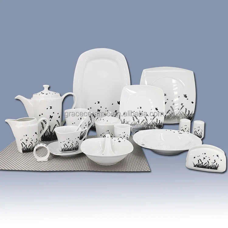 Porcelain Factory Cheap Luxury High Bone China Dinner Set Flower Pattern Fine Porcelain Square Ceramic Kitchen Dinnerware Set