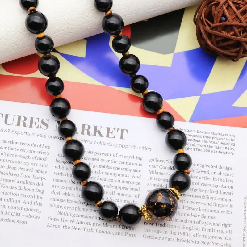 Middle-Ancient Noble Big Black Gold Round Gilding Colored Glaze Beads String Necklace Versatile High-Grade Artistic Retro Neckla