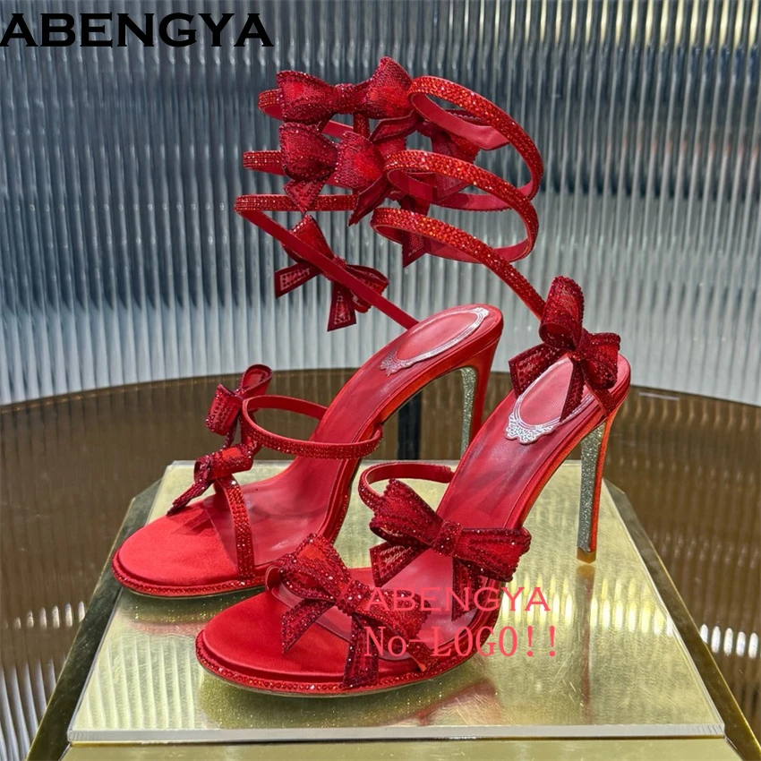 Summer Crystal Bowknot High Heels Sandals Woman Twine Around Ankle Snake Wedding Shoes For Woman Runway Gladiator Sandals Women