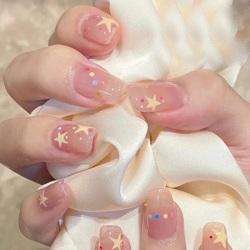 

24PCS Sheer Sweet Press-On Nails – Medium-Long Square Shape With Polka Dots & Star Motifs (Playful Minimalist Style)