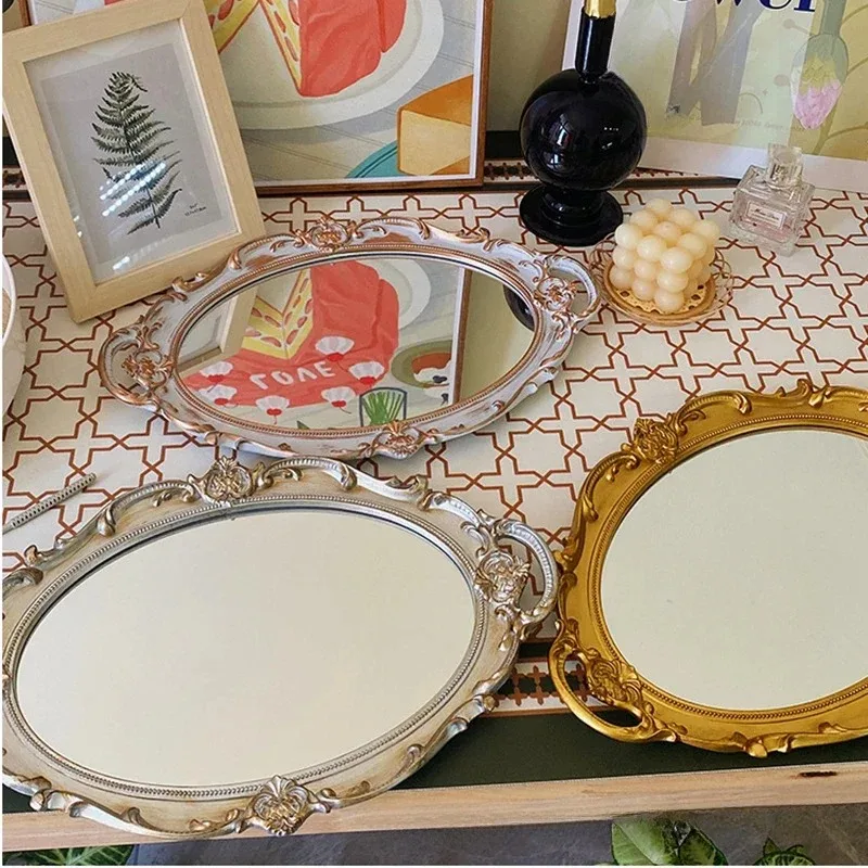 European Decorative Plate Storage Tray Oval Plate Jewelry Display Rotary Candy Decor Tray Mirror Decorative Make Up Mirror