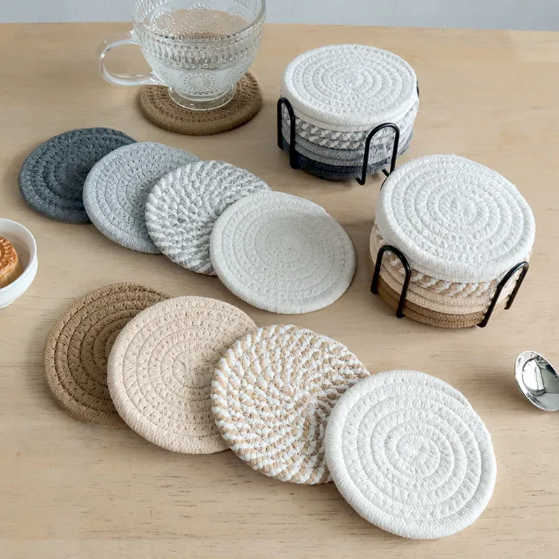 

1 Bohemian style coaster, handmade retro round woven coaster cotton rope placemat - kitchen dining table thick insulation pad