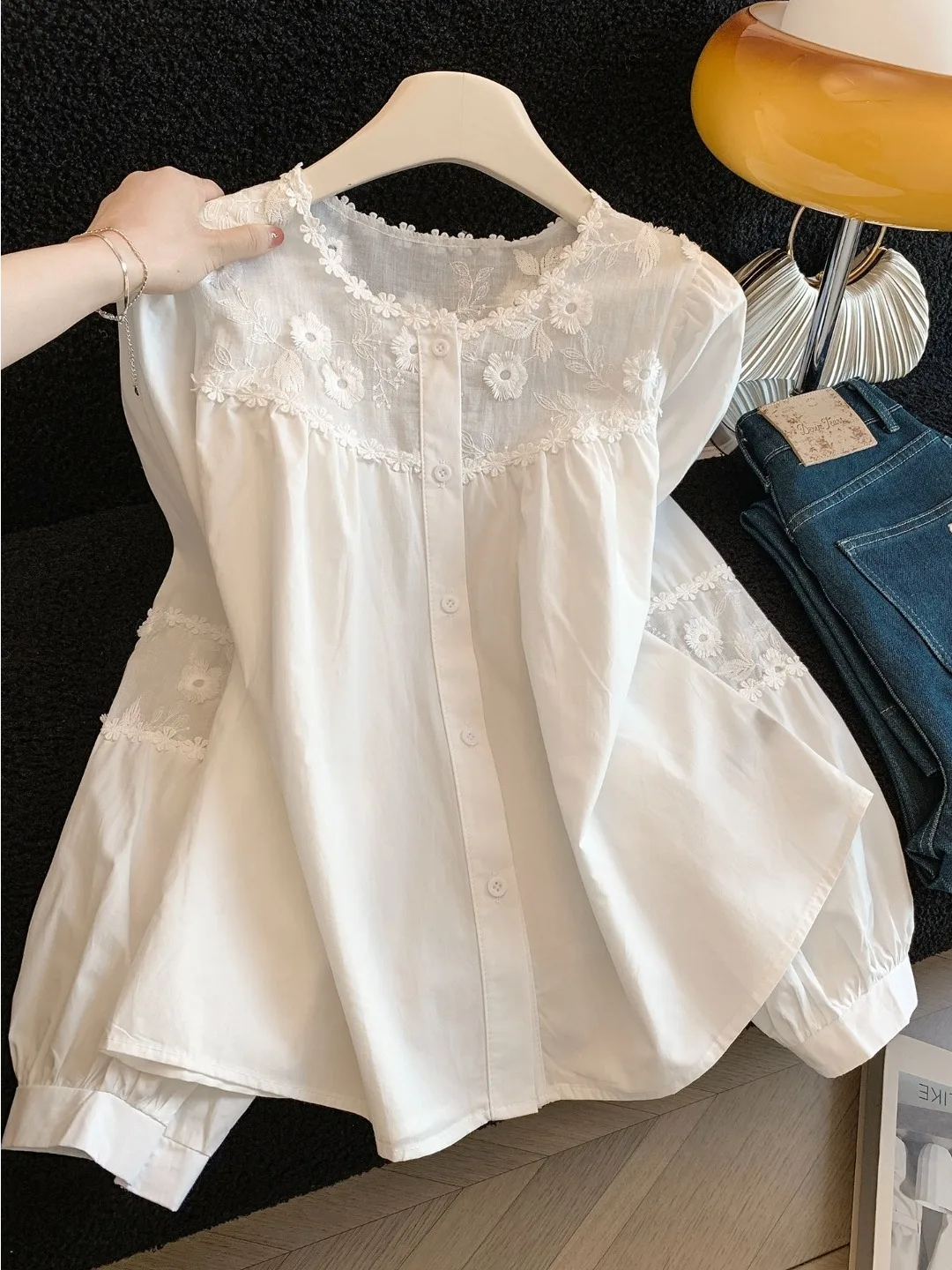 

Элегантный кружевной кардиган с вышивкой и длинными рукавами, женская рубашка свободного кроя, весенняя модная рубашка в корейском стиле, дышащая, из смесового хлопка