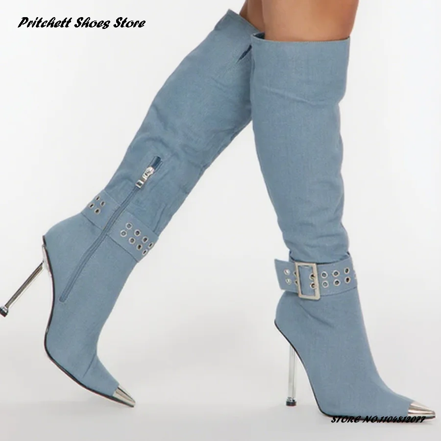 

Женские повседневные джинсовые сапоги до колена с пряжкой на боковой молнии и туфли на шпильке, модные металлические остроконечные высокие каблуки для вечеринок