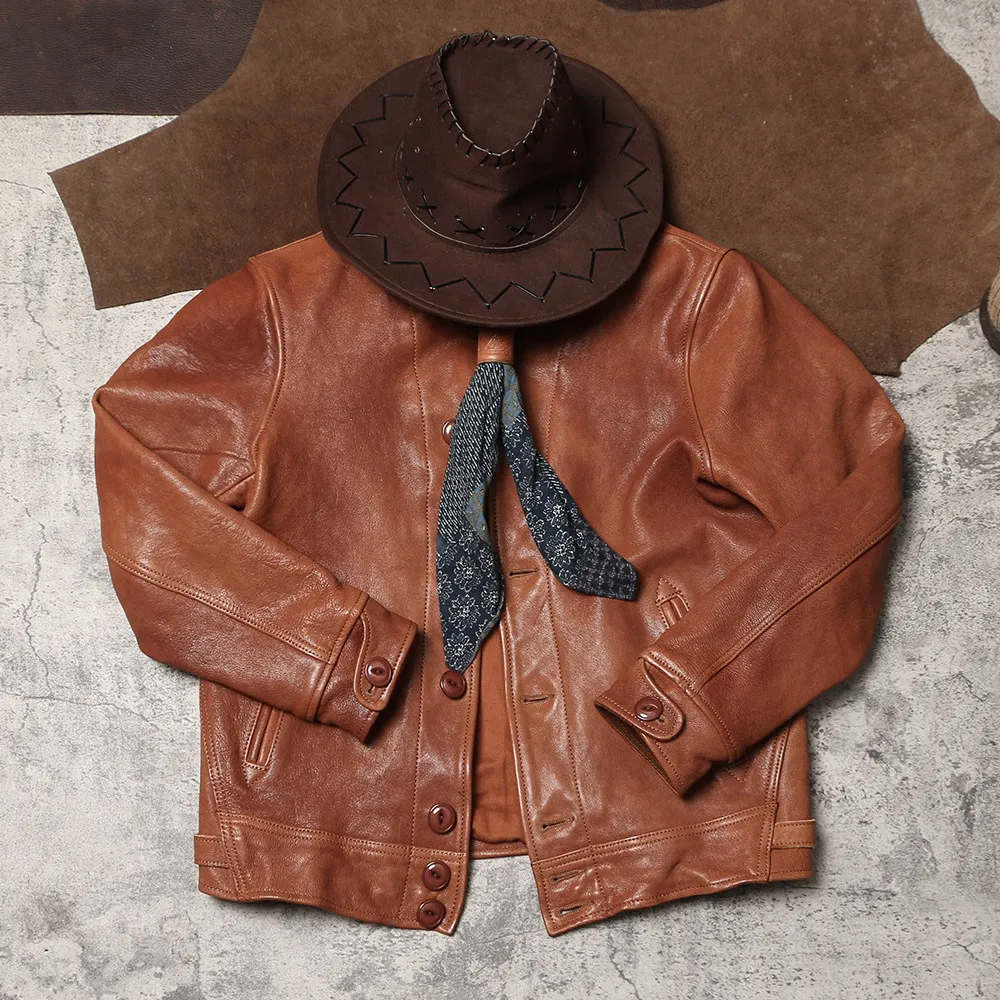 Heavy Washed Goatskin Jacket Men American Vintage Biker Casual Amekaji Genuine Leather Outerwear