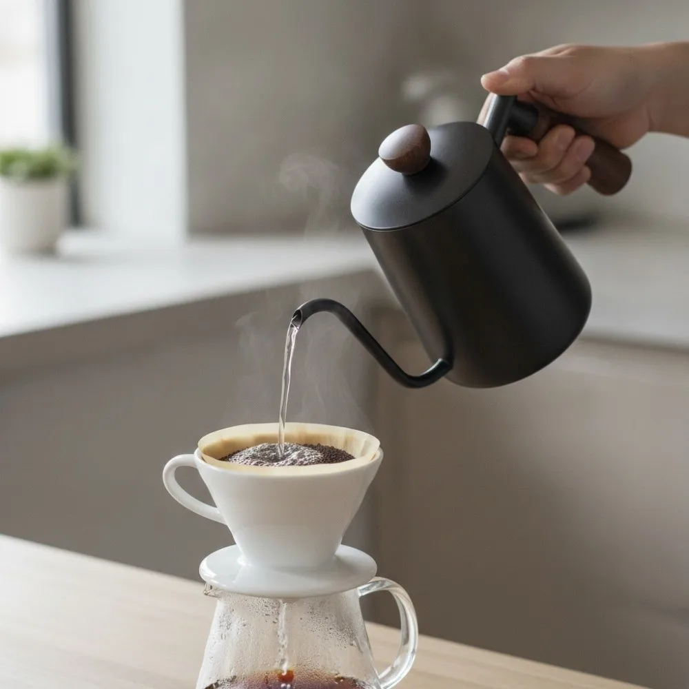 Wooden Handle Goose Neck Coffee Kettle 304 Stainless Steel Drip Port Pour-over Coffee Pot with Scaled Narrow-Mouthed