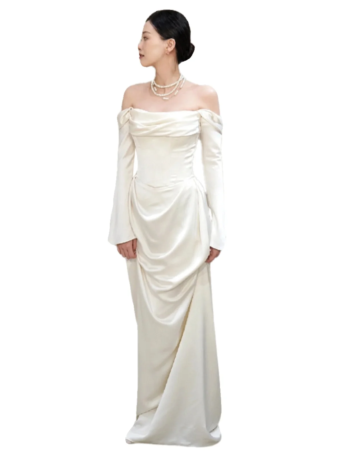 

White Satin Long Sve Bridal Gown Simple Ele Wedding Reception Guest Arrival Dr Cotail Par Performance Wear
