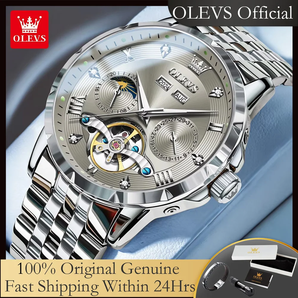 

OLEVS 6691 Men's Mechanical Wristwatch Luxury Skeleton Flywheel Automatic Watches Moon Phase Waterproof Original Brand Man Watch