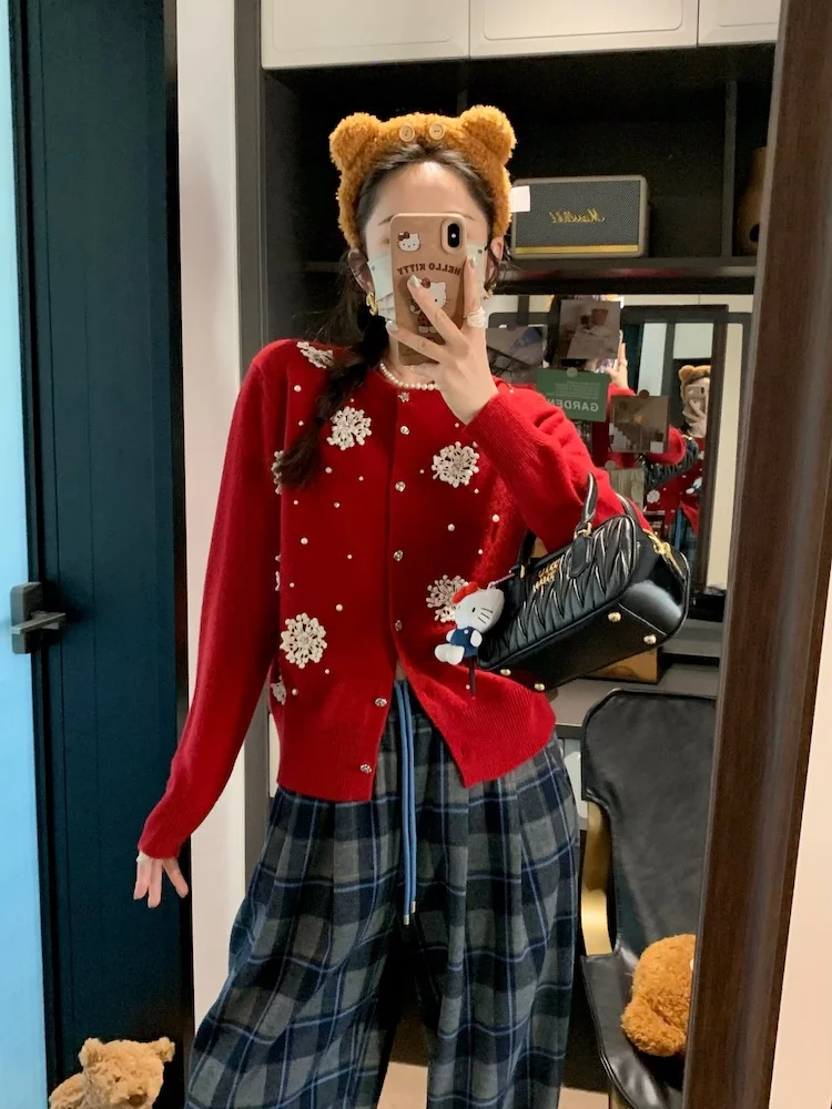 

Chao Heavy Industry 3D Pearl Snowflake All Woolen Women's Open Cardigan Soft Cozy round Ne Knitted Sweater Commute Sle