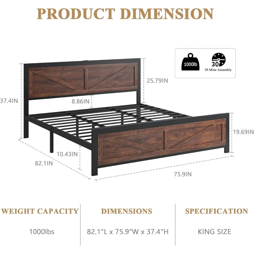 King Size Bed Frame with Charging Station, Rustic Barn Door Wood Headboard, Strong Metal Slats Support, Industrial Bed Frame