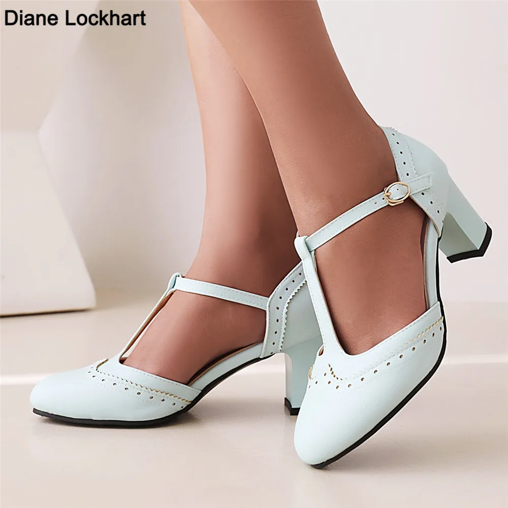 Lady Fashionable Single Shoes T-Strap Buckle Sweet Blue Pumps 6.5CM Heel High Heels Zapatos Party Wedding Women Mary Janes Shoes